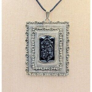 Vintage Florenza Silver Tone Black Molded Gloss Flower Design Big Pendant